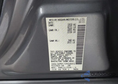 2015 Nissan Altima 2.5 Sv from USA, damaged, VIN 1N4AL3AP9FC595601